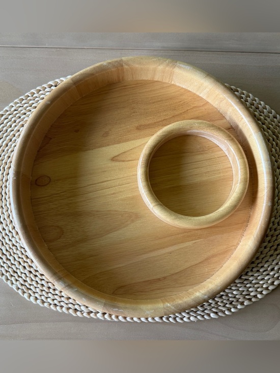 Vintage Other - Mid-Century Wooden Round Serving Tray with Small Inner Ring